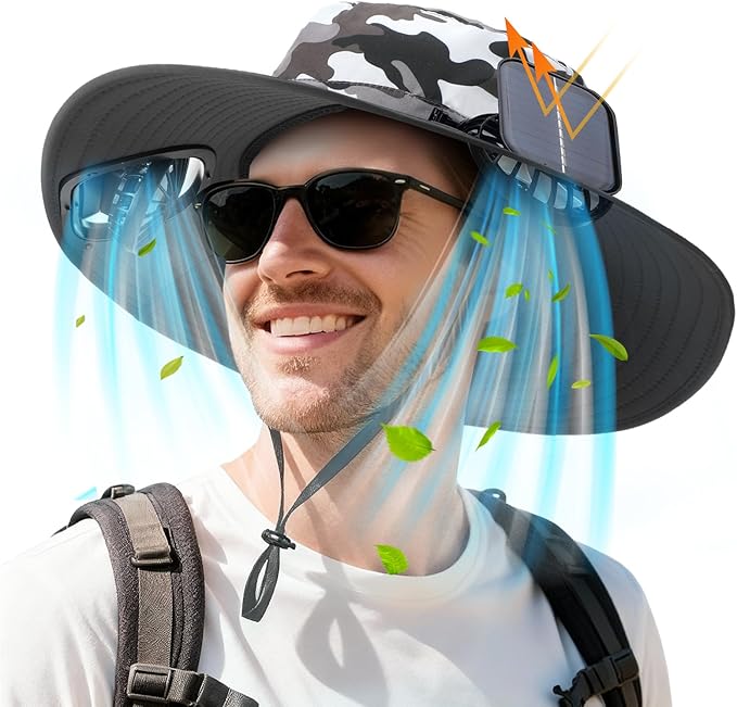 Berlune Men Sun Hat with 2 Solar Fans Wide Brim Outdoor Fishing Hat USB & Solar Powered for Sun Protection Camping Hiking