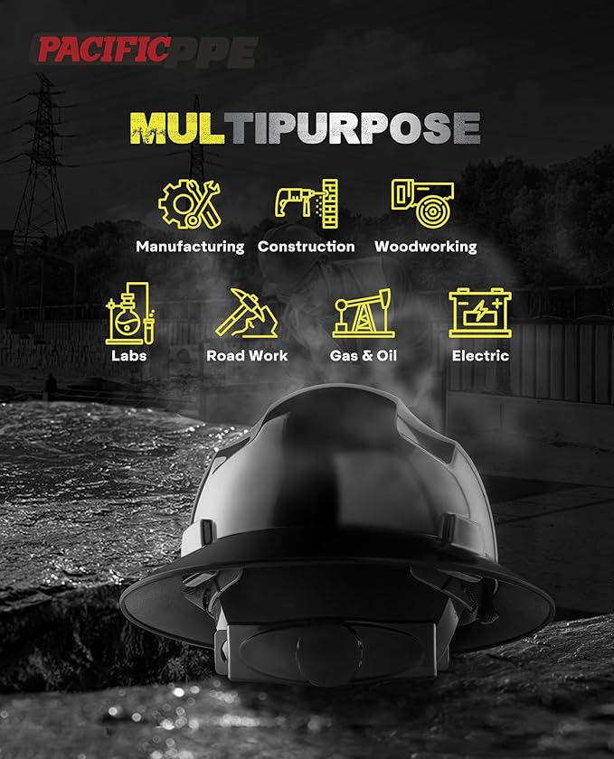 PACIFIC PPE Full Brim Hard Hat, OSHA Construction Safety Helmet Certified to ANSI Z89, 4 Point Adjustable Ratchet Suspension, Class E, G & C, Black