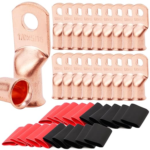 TKDMR 20pcs 1/0 AWG-5/16 Battery Lugs,Heavy Duty Wire Lugs,Ring Terminals,Battery Cable Ends,0 Guage terminals,Battery Terminal Connectors with 20pcs 3:1 Heat Shrink Tubing