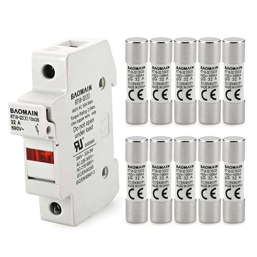 Baomain RT18-32 Fuse Holder Base with 10x32A Ceramic Fuses (10x38mm) – 1 Pole DIN Rail Mount, LED Indicator, CE Certified (32 Amp)