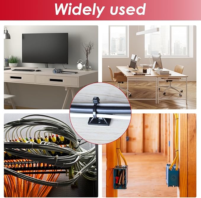smseace 360Pcs Strong Back-Glue Self Adhesive Black Cable Zip Tie Mounts Kit with 6inch Zip Ties and Screws, UV Protection Outdoor Sticky Wire Fasteners Cable Clips Management