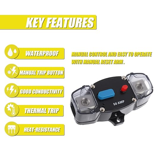 50A 12-48 Volt DC Self Recovery Circuit Breaker with Manual Reset Button for Automotive Rv Marine Boat (50Amp)