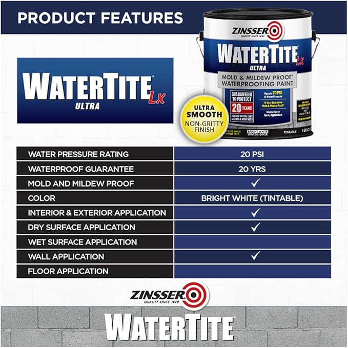 Zinsser 270267-2PK WaterTite LX Ultra Waterproofing Paint, Gallon, White, 2 Pack