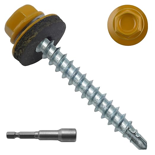 250pcs #10 x 1-1/2" Yellow Hex Head Self-Drilling Metal Roofing Screws, EPDM Washer, Colored Head, Wood Screws, Sheet Metal Roof Screw with Hex Driver Bit (Yellow, 1-1/2 in)