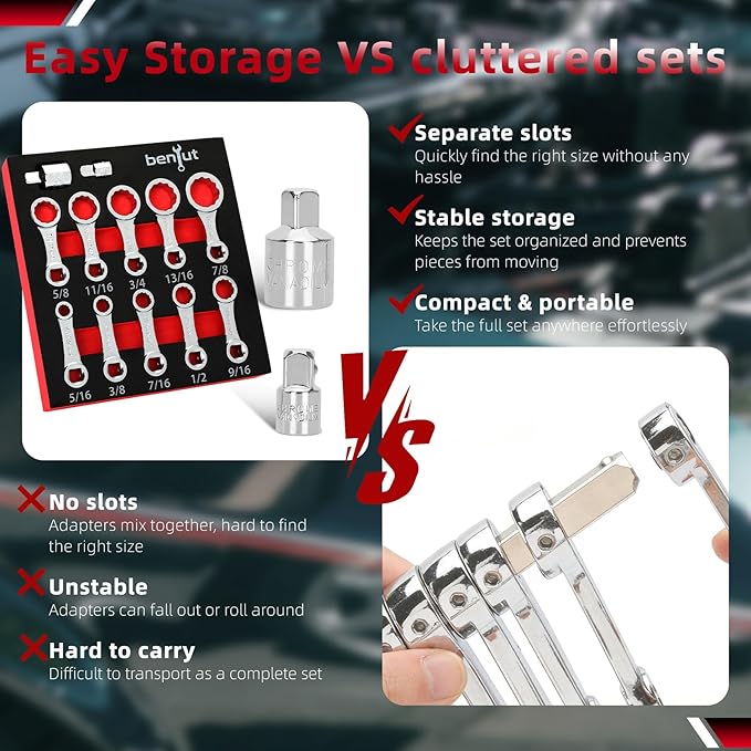 12PCS Torque Adapter Set SAE, 5/16", 3/8", 7/16", 1/2", 9/16", 5/8", 11/16", 3/4", 13/16", 7/8" Torque Wrench Extension Adapter, 3/8" Drive, 12 Point Box End, with 1/2" & 1/4" Adapters