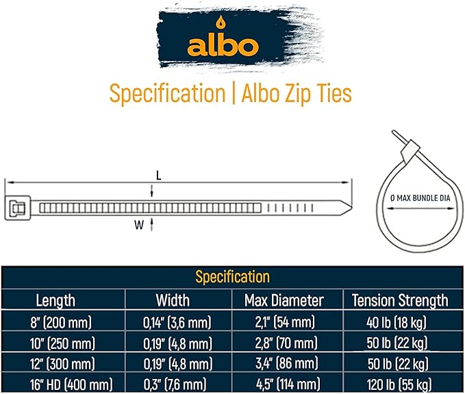 ALBO Zip Ties Black 10 Inch 5000 Pack 50 lb, Long Plastic Cable Ties Thick 0.19 Inch Tie Wraps Heavy Duty UV Resistant Nylon Wire Ties for Indoor and Outdoor