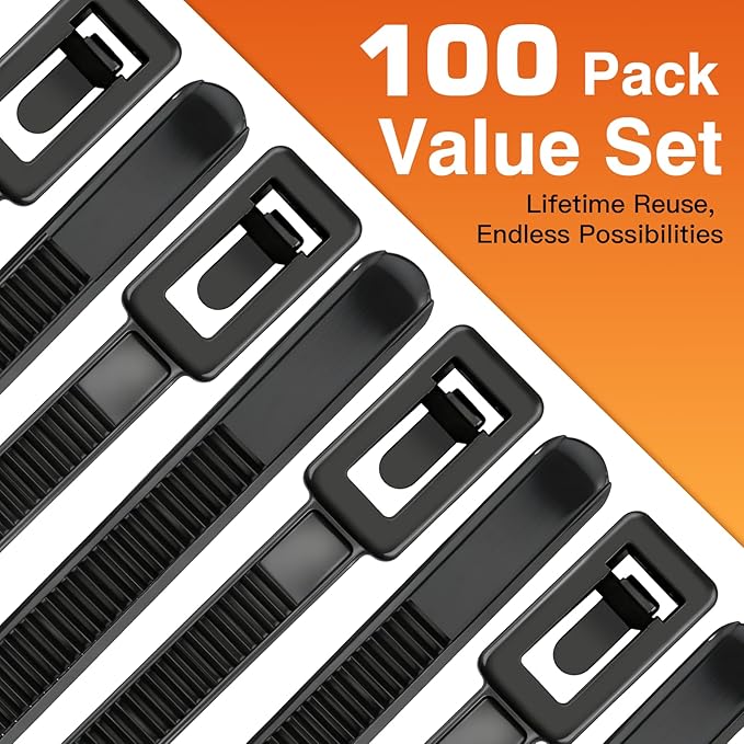 Zip Ties ZLGBVEX 8 Inch Reusable Heavy Duty Zip Ties 0.3 Inch Wide 55LB Tensile Strength 100 Pcs Black UV Resistant Cable Ties for Indoor Outdoor Use
