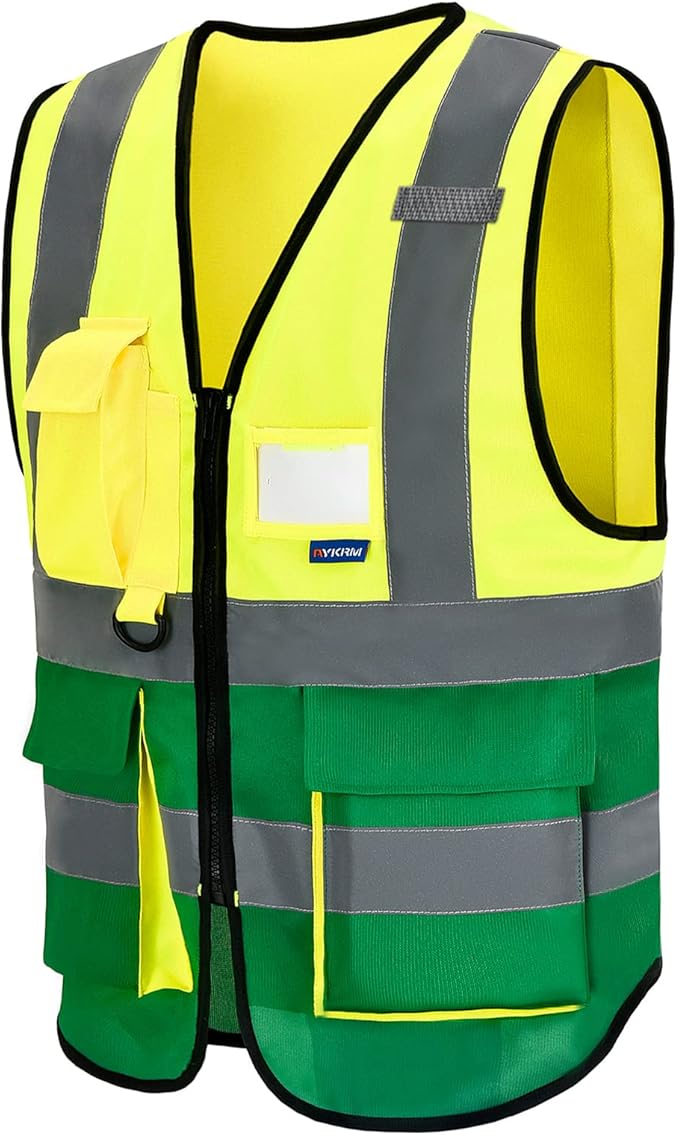 A-SAFETY High Visibility Safety Reflective Vest with Pockets and Zipper,Hi Viz Work Vest for Men Women (Yellow&Green Small)