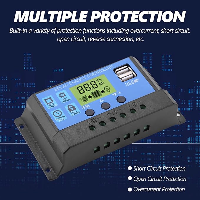 PWM Solar Charge Controller 12V/24V 20A LCD Display USB Port Solar Panel Battery Regulator Overload Protection for Street Light (YJSS-20A)