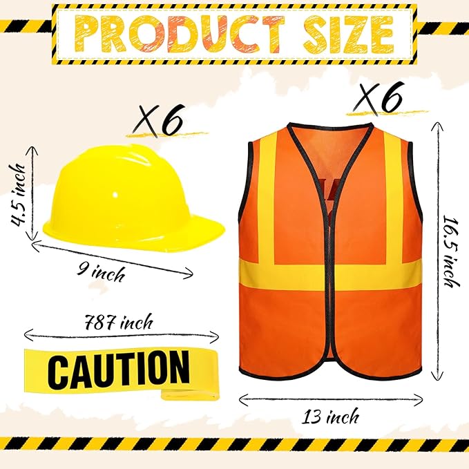 Hillban 13 Pcs Construction Birthday Party Supplies 6 Kids Construction Vests 6 Kids Hard Hat 1 Caution Tape Dressing up for Birthday Party Costume