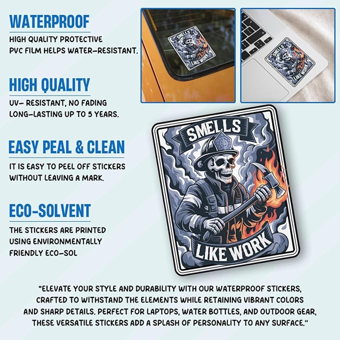 3Pcs Smells Like Work Sticker Funny Firefighter Skull Flames Gift for Firehouse Fire Station Smells Like Work Firefighters Stickers Fireman Car Decal for Laptop Bottle Notebook Toolbox Hard Hat 3"