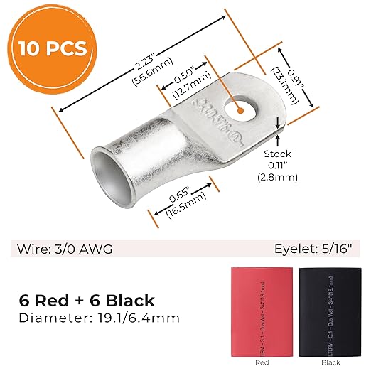 SELTERM 10pcs - 3/0 Awg - 5/16" Stud - Battery Lugs - Ring Terminal Connectors with 12pcs 3:1 Black & Red Heat Shrink Tubing with Adhesive | Heavy Duty Battery Cable Ends - Tinned Copper Wire Lugs Kit