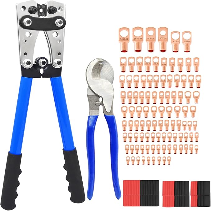 Cable Lug Crimping Tool with 100Pcs Copper Wire Lugs, Battery Cable Lug Crimping Tool Kit for AWG 10-1/0, Cable Cutter, 130Pcs Heat Shrink Tubing,Battery Terminal Crimper Tool