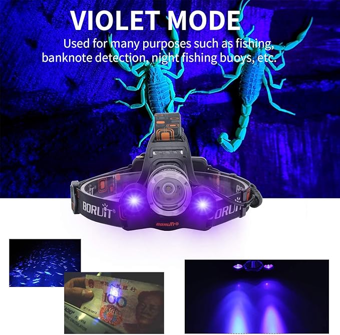 BORUIT RJ-3000 LED Black Light Headlamp,3 Modes White and UV Light Headlamp,Super Bright Rechargeable Blacklight Headlight Head Lamp for Hunting Camping Hiking Fishing Working