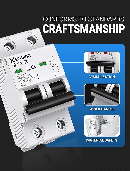 AC Miniature Circuit Breaker 2 Pole 50A (MCB),120V/240V 50/60Hz DIN Rail Mount Breaker, Compatible with Grid-Tied Solar Systems, RV & Home Circuits(C50A)