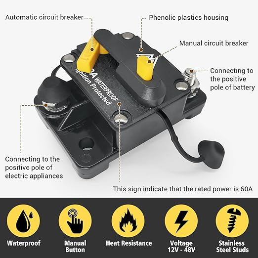 Waterproof 250A Circuit Breaker Fuse Holder 12V- 48V DC Manual Reset Switch for Boat Trolling Motor Marine ATV Trailer Vehicles Stereo Audio Electronic Battery Solar System w/2 Screws