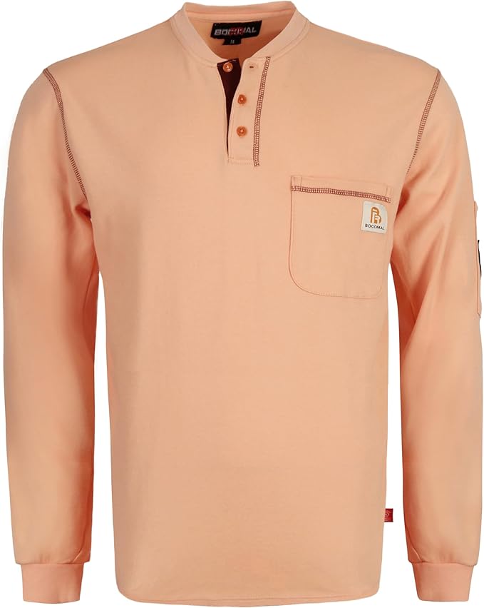 BOCOMAL FR Shirts Flame Resistant Henley Shirt NFPA2112/CAT2 7oz Men's Long Sleeve Fire Retardant Clothing