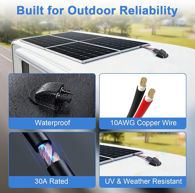 Solar Cable Entry Gland with 10ft 10AWG Solar Extension Cable Compatible with MC4, Weatherproof Roof Cable Entry Housing for RV Camper Van Boat Shed Garage