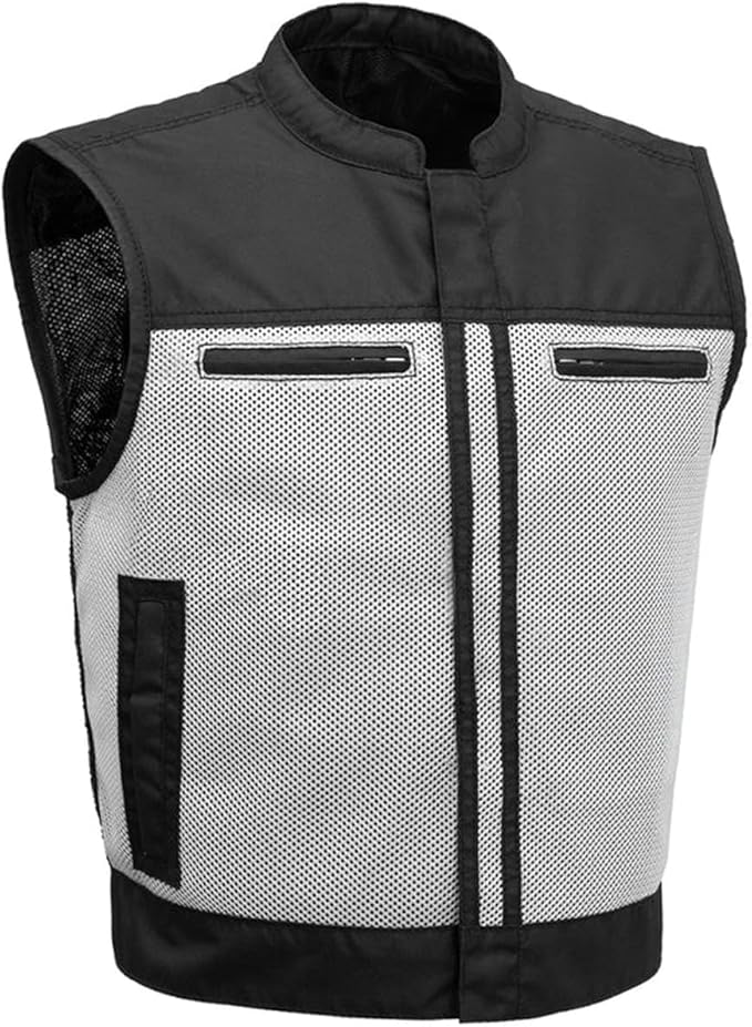 First Mfg Co Lowrider Mens Motorcycle Biker Riding Armor Club Style Black Leather, Twill, Moto Mesh, Perforated Vest