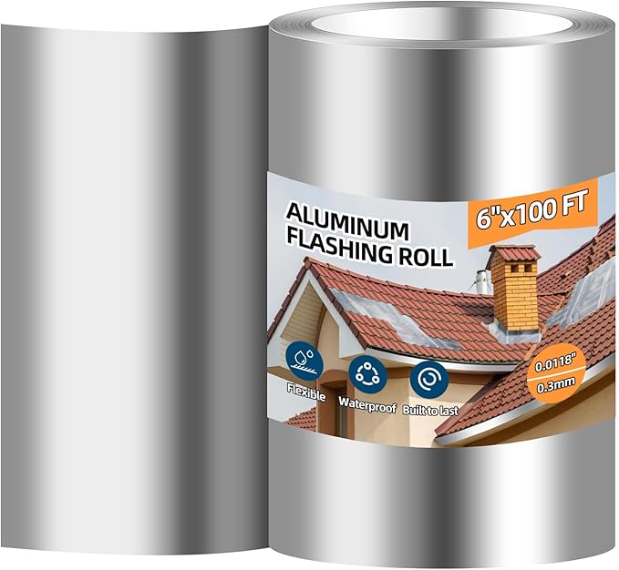Aluminum Roll Flashing, 6'' x 100' Metal Roofing Roll for Roof and Garden, Prevents Roofing Stains, 0.019-inch/0.3 mm Thickness (26GA) Roof Strip for Moss and Mildew Prevention