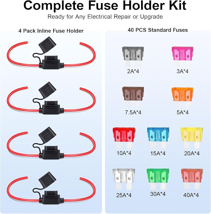 4 Pack 12AWG Inline Fuse Holder, Waterproof Heavy Duty 12V/24V Automotive Fuse Holder Kit with 40pcs Standard ATC/ATO Fuses (2A-40A), Tinned Copper Wire for Car Marine Boat Truck