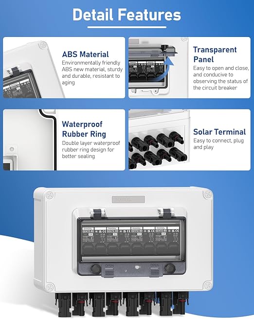 DIHOOL Solar Panel Disconnect Switch 4 String 30 Amp DC Circuit Breaker Box 4 in 4 Out Solar Combiner Box