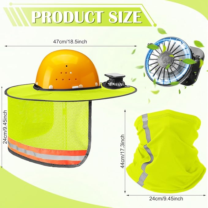 1 Set Sun Hard Hat with Solar Fan Shade Full Brim Hard Hat and Neck Sunshade Cover High Visibility Full Brim Mesh with Reflective Strip for Outdoor Summer Protection