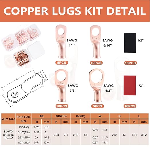 8 AWG Pure Copper Ring Terminal Kit (62 Pcs) - 30 Battery Lugs (1/4", 5/16", 3/8", 1/2") with 32 Heat Shrink Tubes for 8 Gauge Wire in Automotive, Solar, Inverter, Marine, RV Applications