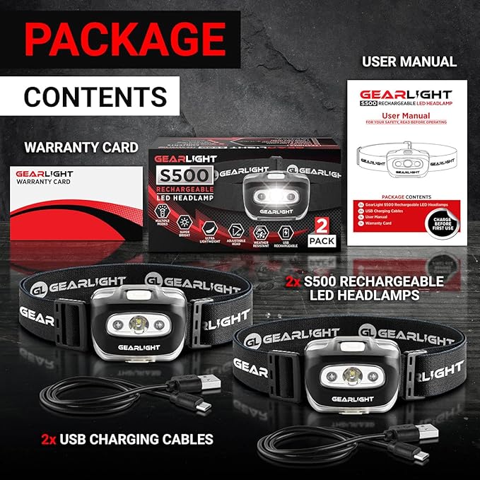 GearLight USB Rechargeable Headlamp Flashlight for Running, Camping, and Outdoor LED Headlight Camping Headlamps - Head Lamp Light for Adults, Kids, Emergency Gear - Black - 2 Pack