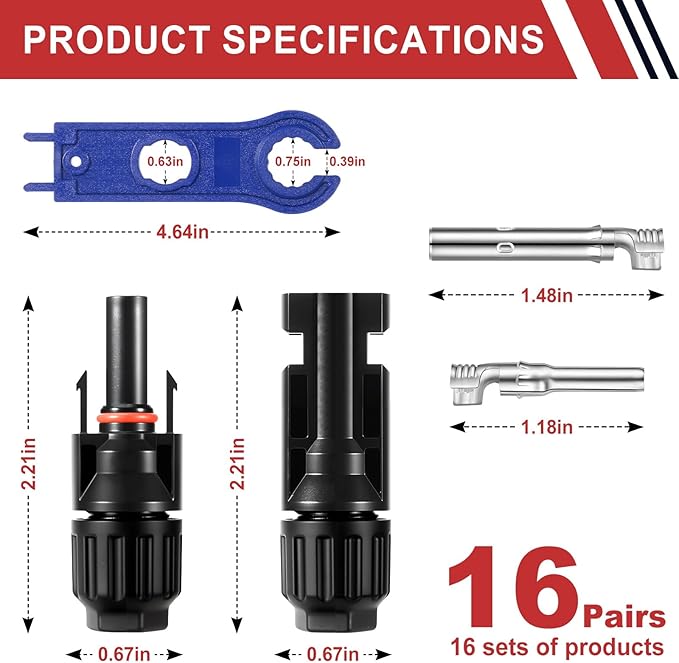 32 PCS Solar Panel Connectors MC4, 16 Pairs Male/Female + 2 Wrenches IP67 Waterproof 1000V/30A Solar Connectors，for Solar Power Systems (10AWG)