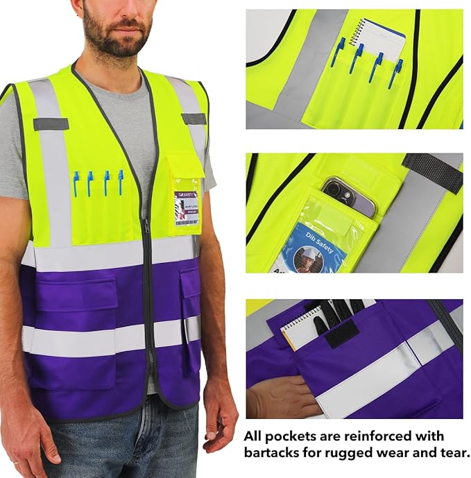 Dib Safety Reflective Vest ANSI Class 2, High Visibility Vest with Pockets and Zipper, Construction Work, Hi Vis