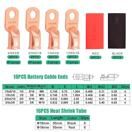 Twidec/32PCS Battery Cable Ends 1/0 AWG 2/0 AWG Heavy Duty Copper Lugs 0 Gauge 00 Gauge Copper Cable Wire Lugs,Coppers Ring Terminals 5/16" and 3/8" with Heat Shrink Tube