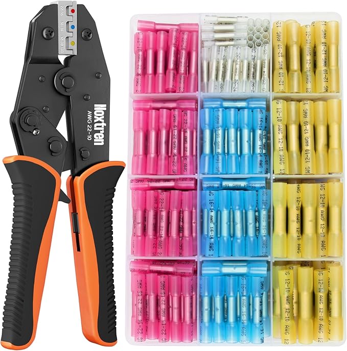 Crimping Tool For Heat Shrink Connectors, 220PCS Waterproof Automotive Marine Grade Heat Shrink Butt Connectors Kit, Tinned Red Copper AWG 26-10
