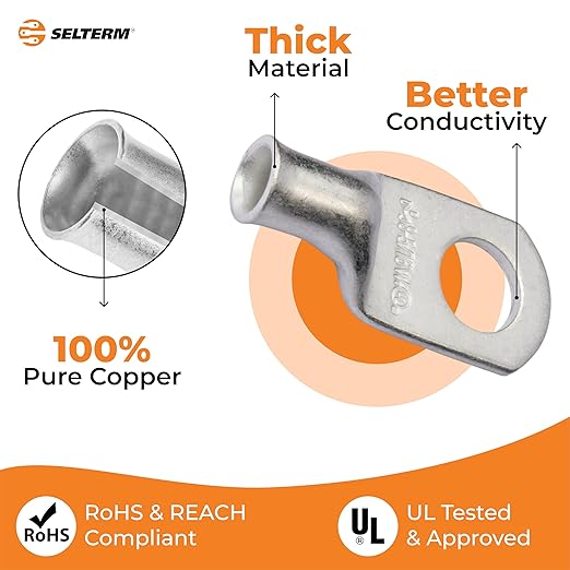 SELTERM 10pcs 8 AWG-5/16" Stud (Wide Pad) Tinned Copper Wire Lugs, Heavy Duty Battery Cable Ends,8 Gauge Ring Terminals, UL Battery Lugs Marine Grade Copper Eyelets Battery Terminal Connectors