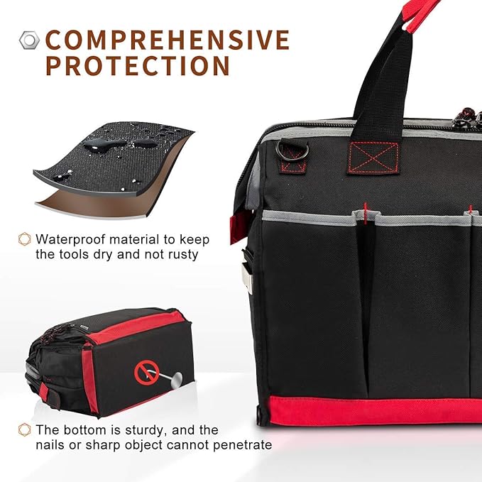 Tool Bag, Waterproof Tool Bags for Men or Women, 16-inch Wide Mouth Tool Bag Organizer with 25 Pockets for Tool Storage Bag, with Adjustable Shoulder Strap (Black/Red)