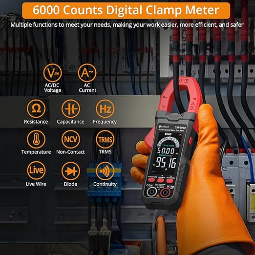 Neoteck Clamp Meter 6000 Counts Clamp Multimeter 800A AC Current Multimeter Auto Selection Color Screen TRMS Voltage,Capacitance,Continuity,Resistance,NCV,Diode,Frequency for Home,Auto,Industrial,HVAC