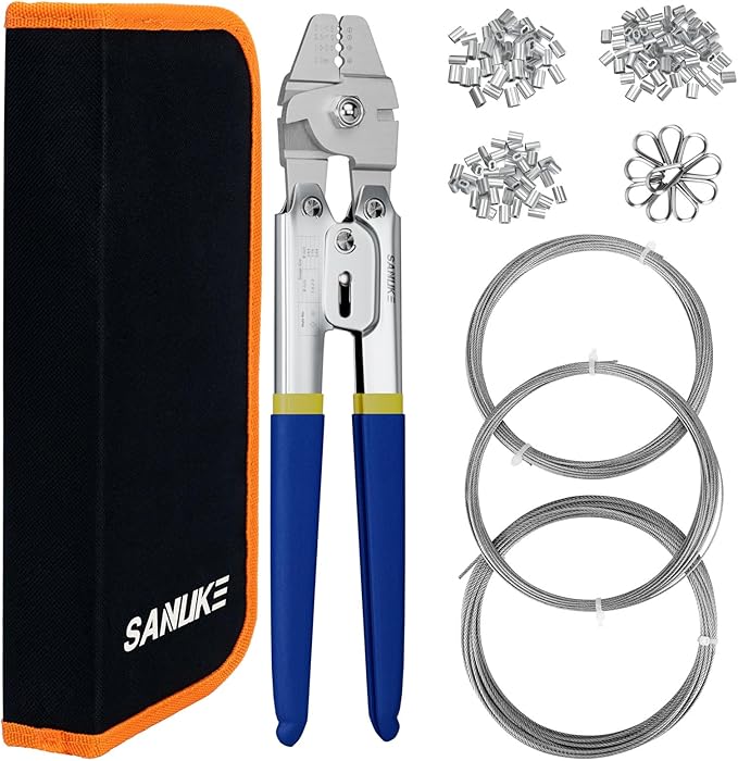 Sanuke Wire Rope Crimping Tool for 3/64 5/64 1/16 Wire Rope with 304 Stainless Steel Cable 3 Sizes 33FT and 150pcs Sleeves Stops, 10pcs Thimble