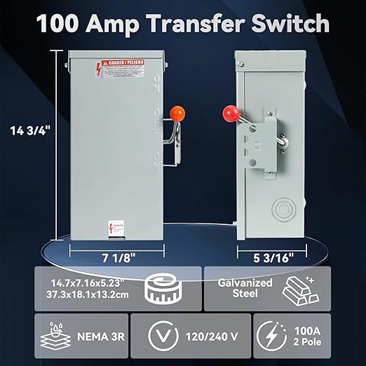 100A Generator Transfer Switch,24000W General-Duty Double-Throw Safety Switch,120/240-Volt Transfer Switches,Stronger Stability Manual Transfer Switches,NEMA 3R Standards for Outdoor and Indoor
