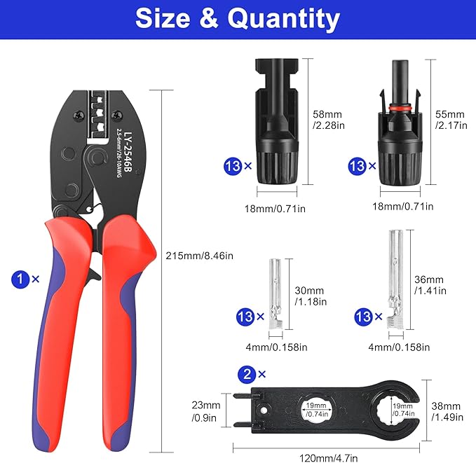 Solar Crimper Tool Kit with Crimper Stripper and 13 Pairs Solar Connectors and 2PCS Spanner Wrench, Crimper Tool for AWG14-10 Solar Panel Cable Wire Assembly and Installation
