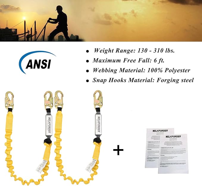 [2-Pack] 6-Foot Shock Absorber Stretchable Safety Lanyard with Double Snap Hook Connectors ANSI Z359.13-2013 Compliant Fall Protection Equipment