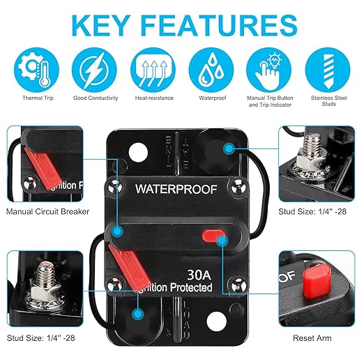 30 Amp Waterproof Circuit Breaker,Fuse Holder,Audio Circuit Breaker,with Manual Reset,12V-48V DC,30A-300A,for Automotive Marine Boat Audio System Current Overload Protection