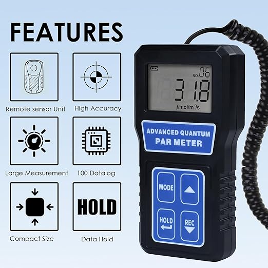 PAR Meter Quantum Par Meter for Led Grow Lights PPFD Tester with Data Logging and Calibration 400-700nm Light Range PPFD Meter for LED Grow Light to Measure Light Intensity in Grow Room Greenhouse