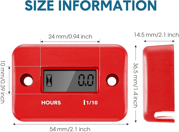 2 Pieces Inductive Hour Meter for Gas Engine Lawn Mower Dirt Bike Motorcycle Motocross Snowmobile Karting Marine ATV Boat Outboard Motor Generator Waterproof Hour Meters (Black, Red)