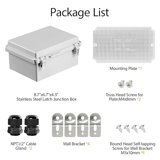 LeMotech Electrical Box, IP67 Waterproof Hinged Cover Stainless Steel Latch Junction Box, ABS Plastic Electrical Enclosure with Mounting Plate,Wall Brackets, Cable Glands,8.7"x6.7"x4.3",Grey
