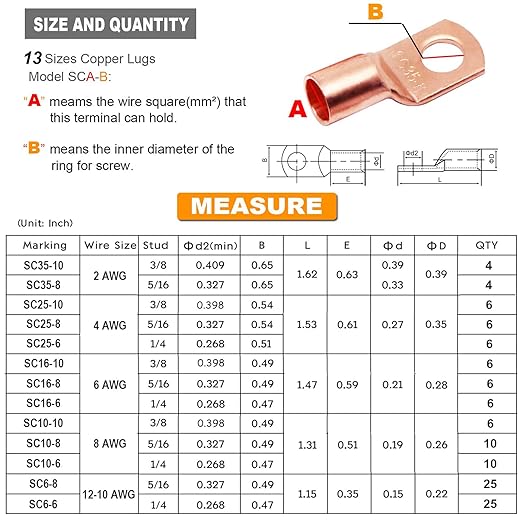 TKDMR 260Pcs Copper Wire Lugs AWG2 4 6 8 10 12 with Heat Shrink Set, 120Pcs Battery Cable Lugs Battery Cable Ends Ring Terminals Connectors with 140Pcs Heat Shrink Tubing Assortment Kit