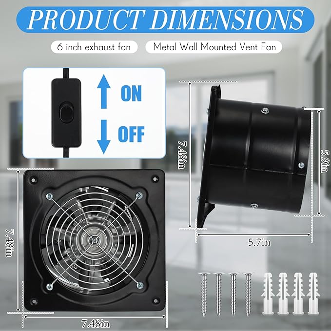 6 Inch Exhaust Fan 308 CFM Kitchen Ceiling Exhaust Fan with Switch Small Bathroom Potable Plug in Garage Damper for Window Shop, Smoking Room, Industrial Ventilation Use, Black