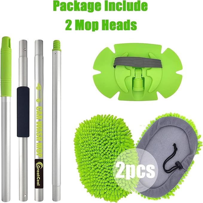 62" Long Reach Car Wash Mop with Dual Soft Heads - Gentle Chenille & Absorbent Microfiber Mitt for Safe Cleaning on Vehicles, SUV, Truck & RV (2 Extra Replacement Heads)