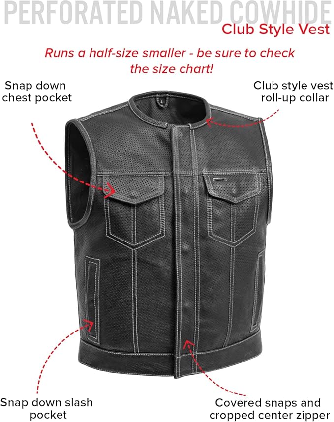 First Mfg Co - Lowside - Mens Motorcycle Biker Riding Canvas, Leather, Twill, Perforated Leather Vest