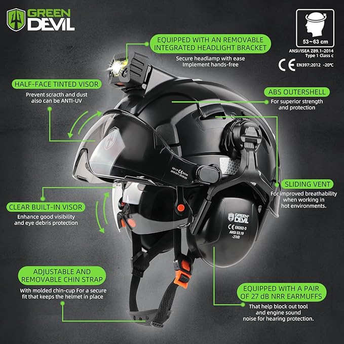 GREEN DEVIL Hard Hat Safety Helmet with Rechargeable Headlamp Light and Visor Ear Muffs Vented Work Hardhat ANSI Z89.1 Cascos De Construccion for Industrial Construction Forestry