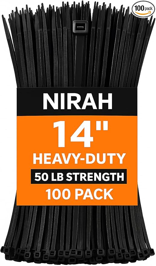 14 inch Zip Ties Heavy Duty Black, 50 Lb Tensile Strength UV resistant, Self-locking, Multi-purpose Nylon Cable Ties Heavyduty Wire Ties, Tie Wraps for Office, Home,Outdoors, Cable Management by Nirah